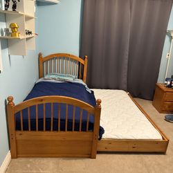 Hardwood Twin Bed, Trundle, and Two Mattresses 