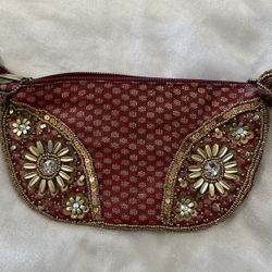 Fancy Indian Beaded Purse Red/Maroon And Antique Gold Wristlet 