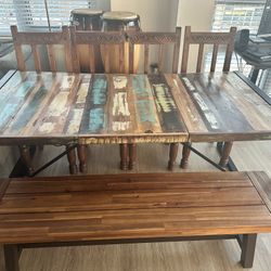 Reclaimed Wood Industrial Dining Table Set w/ Bench + 4 Chairs