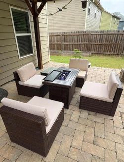 Outdoor Wicker Patio Set with Propane Fire Pit Table & Cushions