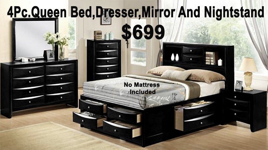 4PC QUEEN BED DRESSER MIRROR AND NIGHTSTAND/NO MATTRESS INCLUDED