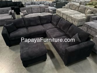 New! Corduroy Black Sectional And Ottoman, Sectional Sofa, Black Couch, Black Sofa, Sectional And Ottoman, Plush Sectional Couch, L-Shaped Sofa Couch