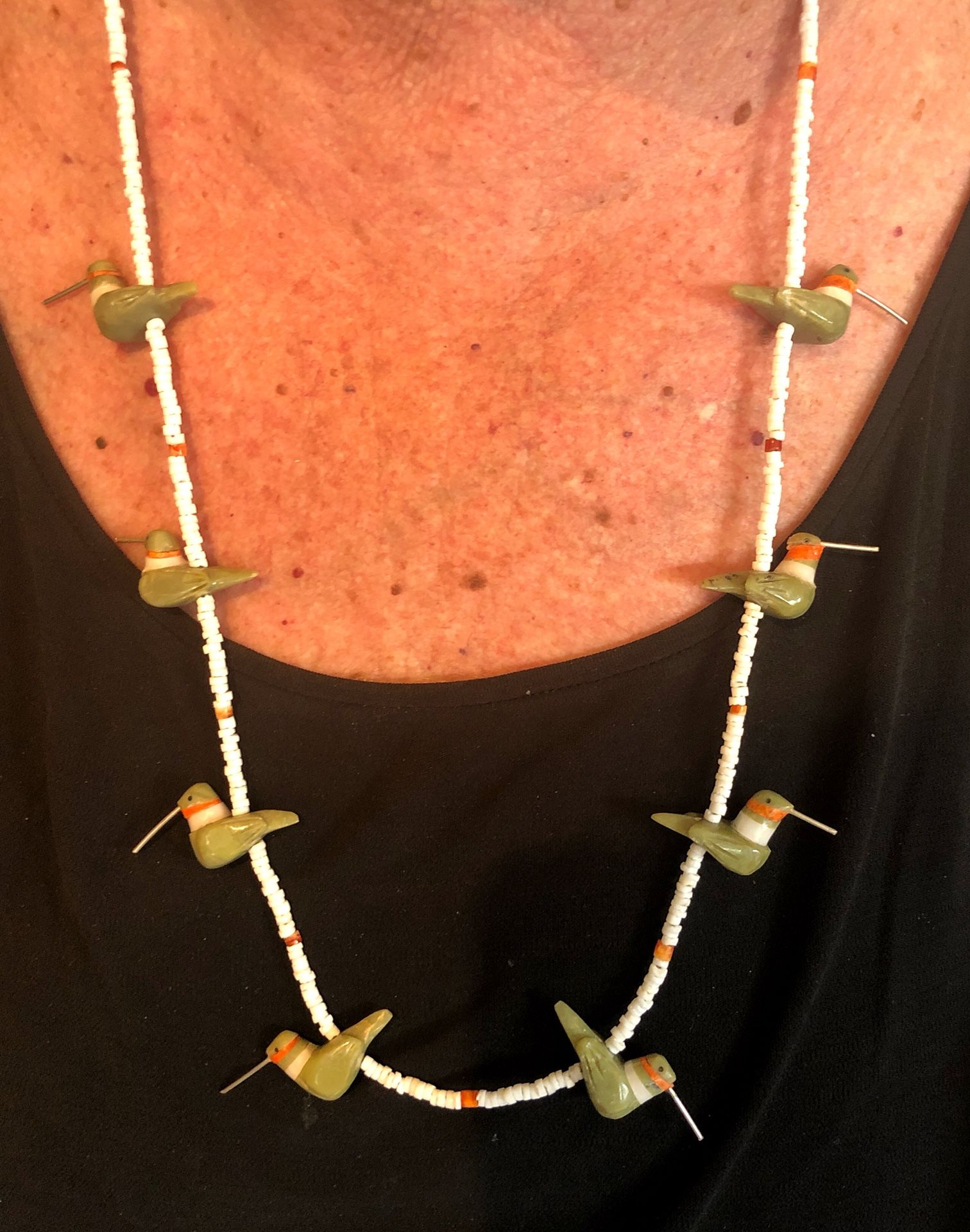 white clam shell and richolite hummingbird necklace