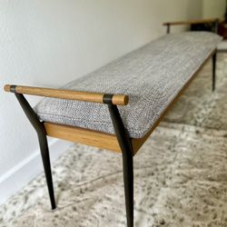 OAK & STEEL EXTRA LONG AND TALL UPHOLSTERED BENCH (ORIGINALLY $1,500)