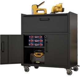 Metal Tool Cabinet for Garage with Wheels - Mobile Heavy-Duty Storage Cabinet with 1 Drawer and 2 Locking Doors, Rolling Tool Storage Cabinet, Black 