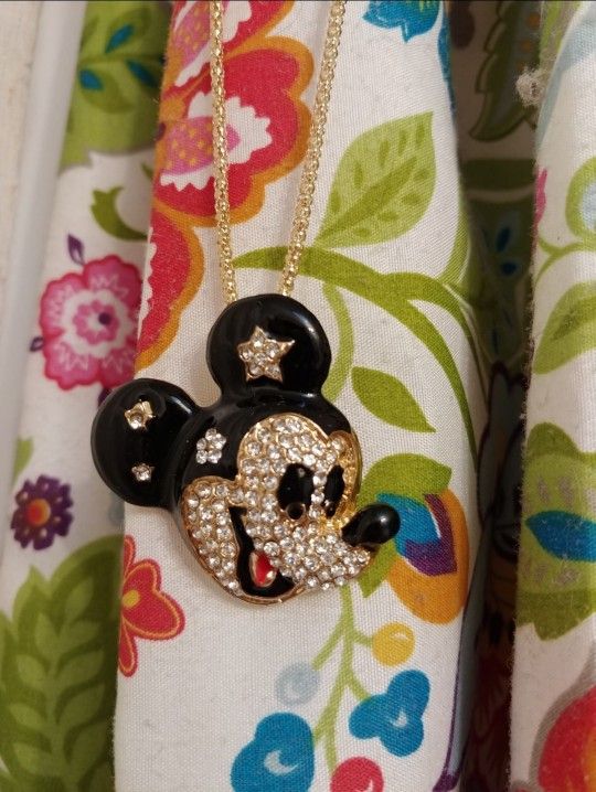 Black enamel ears "Mickey Mouse" head pendant necklace, silver rhinestones