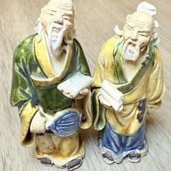 Lot Of 2 Antique Chinese Majolica Mudman Mudmen Figurines Green Robe & Yellow