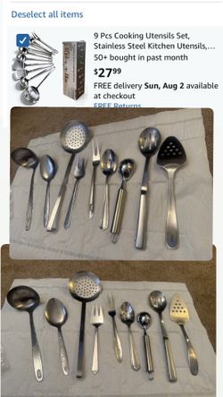 9 Pcs Cooking Utensils Set, 304 Stainless Steel Kitchen Utensils Set, Metal Kitchen Accessories, Include Soup Ladle, Slotted Skimmer Spoon, Spaghetti 