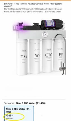 SimPure T1-400 Tankless Reverse Osmosis Water Filter System 400 GPD NSF 58 Standard UV Under Sink RO Filtration System | 8-Stage Filtration for Near 0