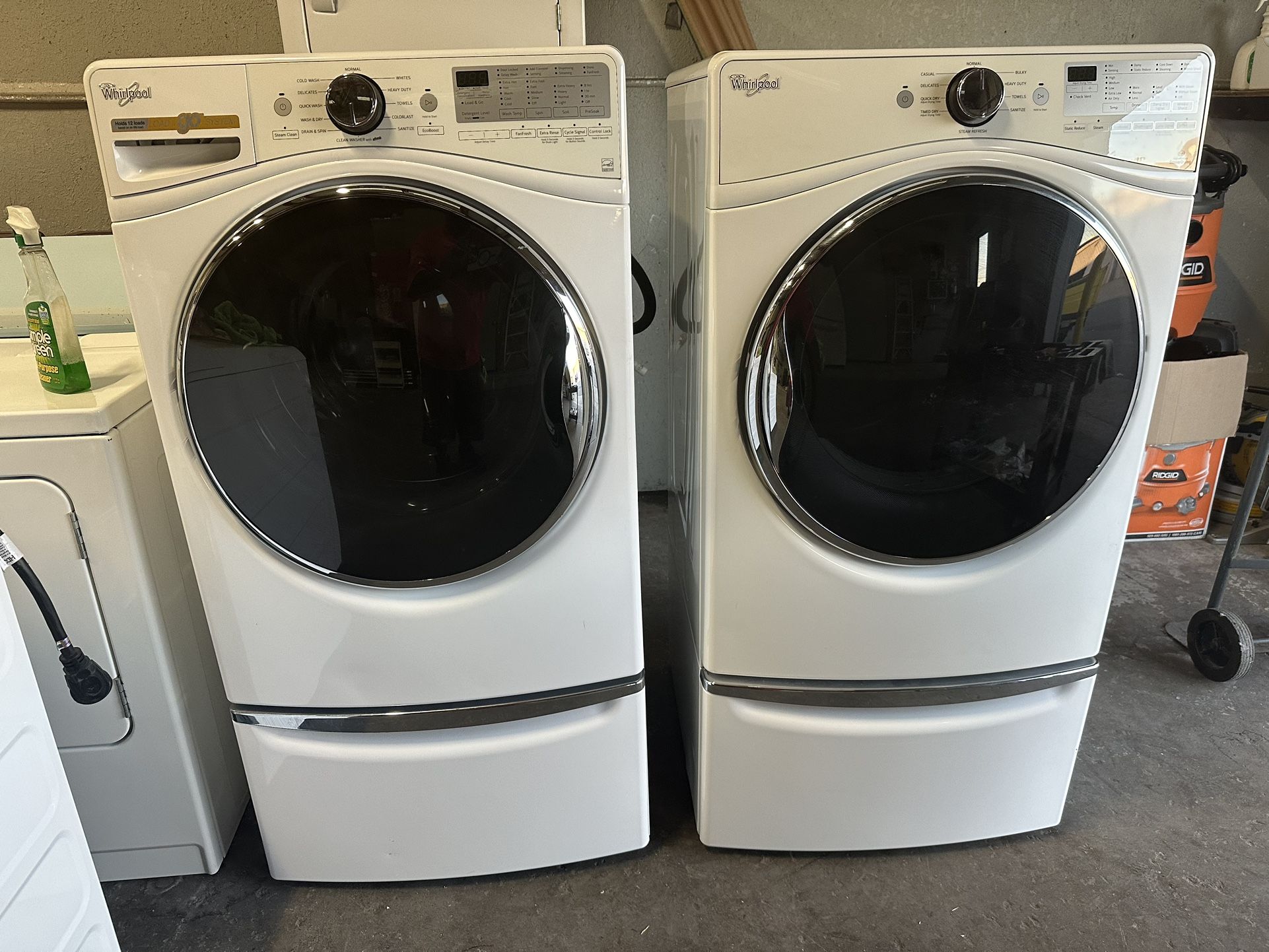 FRONTLOADER WHIRLPOOL SET WITH GAS STEAM DRYER ON PEDESTAL DRAWERS CAN DELIVER SO MANY OPTIONS TOO MANY TO LIST