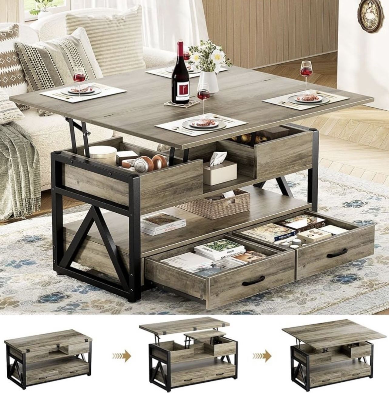 40 Inch Liftable Center Table, 4-in-1 Multifunction Lifting Auxiliary Tables with Storage Drawers and Hidden Compartments, Farm Center Table with Top
