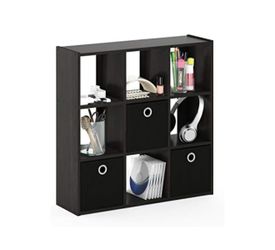 9-Cube Organizer with Bins [NEW, Still in Box], Small Size (Assembled unit dimensions : 7.9"D x 26.5"W x 26.7"H inches), Espresso/Black