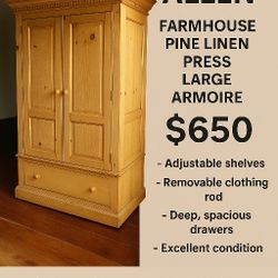 Ethan Allen Solid Pine Farmhouse Armoire / Linen Press – Removable Shelves & Clothing Rod