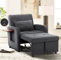 Convertible Sleeper Chair-Fabric Futon Sofa Bed, Single Sleeper Sofa, Small Couch Bed with USB Port, Foldable Table, Pillow, Adjustable Backrest