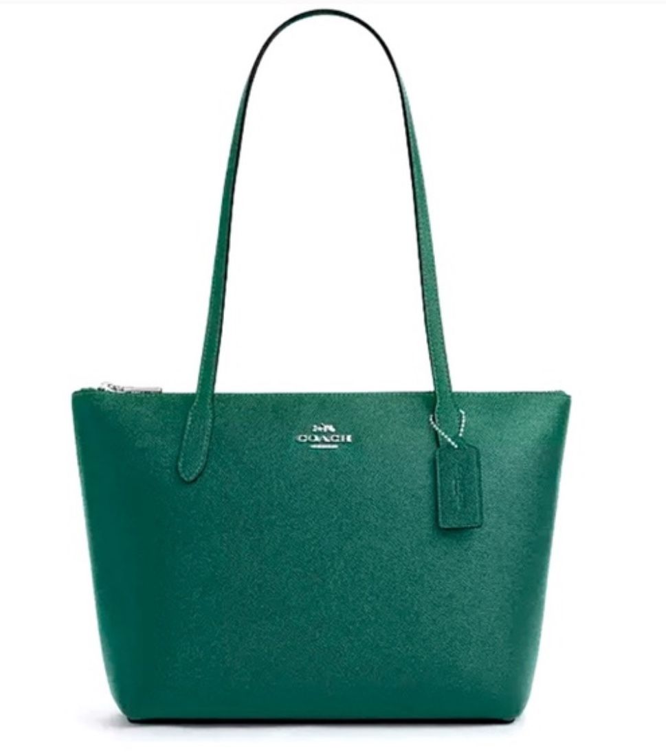 Coach Fiona Zip Top Tote Bag In Silver / Emerald Green Style CW395 NWT