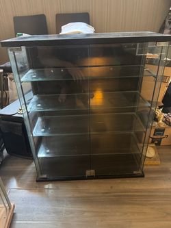 Glass Display Case with Light and Magnetic Closure. 5 Glass shelves. Black Wood and Glass. Perfect for tabletop displays!