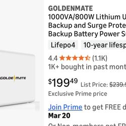 GOLDENMATE 1000VA/800W Lithium UPS Battery Backup Surge Protector Lifepo4