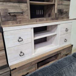 NEW  LARGE TV STAND W/ FIREPLACE OPTION  WHITEWASH COLOR || SKU#ASHTEW0267TC