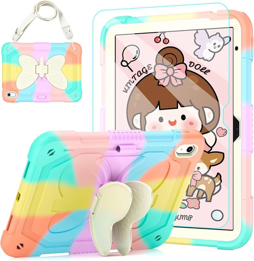 Kids Case for iPad (A16) 10th/11th Generation for Girls,11'' 2025/10.9'' 2022 with Glass Screen Protector Butterfly Stand,Pencil Holder,Strap Shockpro