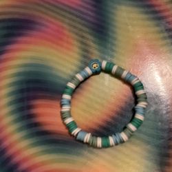 Blue Green And White Clay Bead Bracelet