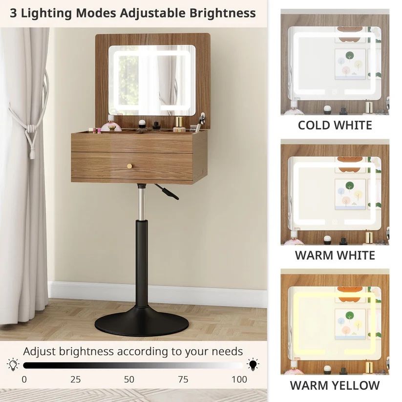 Small Vanity Desk with Adjustable Height Rotating 3 in 1 Flip Top Makeup Vanity with Mirror and Lights Mini Corner White Dressing Table for Bedroom