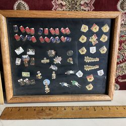 1984 Olympic Game Pins Oak Wood Frame Under Glass
