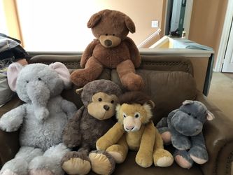 Plush stuffed animals bear, elephant, monkey, lion, hippopotamus. lION is SOLD all others still available