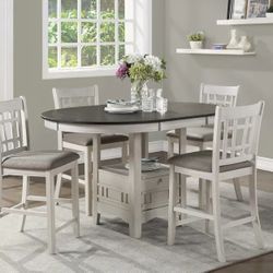 WHITE FINISH OAK VENEER 5 PIECE COUNTER HEIGHT DINING TABLE SET - MESA SILLAS ALTA COMEDOR