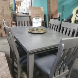 Gray Wooden Dining Table Set With Six Chairs 