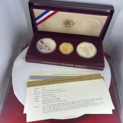 1984 U.S. Olympics Gold & Silver Proof Commemorative 3 Coin Set with Box