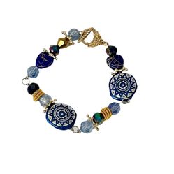 Handmade Boho Cobalt Blue Gold Fall Winter Inspired Beaded Toggle Bracelet