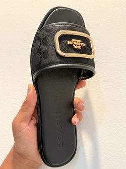 Coach Black Slide Sandals Gold Buckle – Size 40