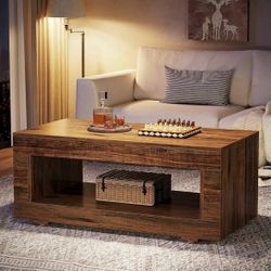 43" Farmhouse Coffee Table with Storage - Rustic Wooden Center Table with Spacious Drawer and Open Shelf, Living Room Accent Table, Durable & Stylish