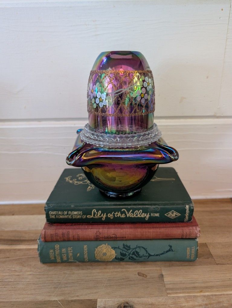 Vintage Fenton 3 Piece Plum Carnival Glass Fairy Lamp