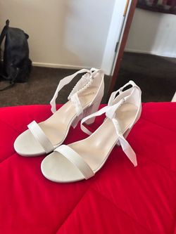 White Block Heel Sandals with Pearl Ribbon Tie