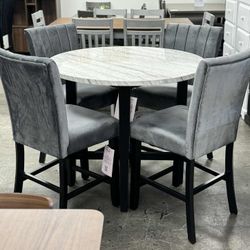 BRAND NEW Dining Set, Counter Height Table and 4 Velvet Chairs, Marble Design Top