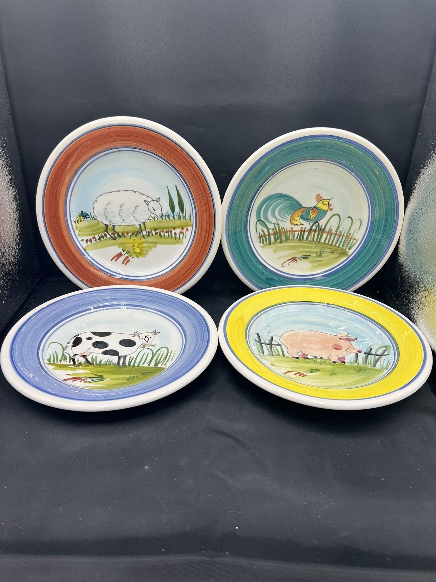 Four (4) Handpainted / Artist Signed Farm Animals Plates Pig Sheep Cow Rooster/G
