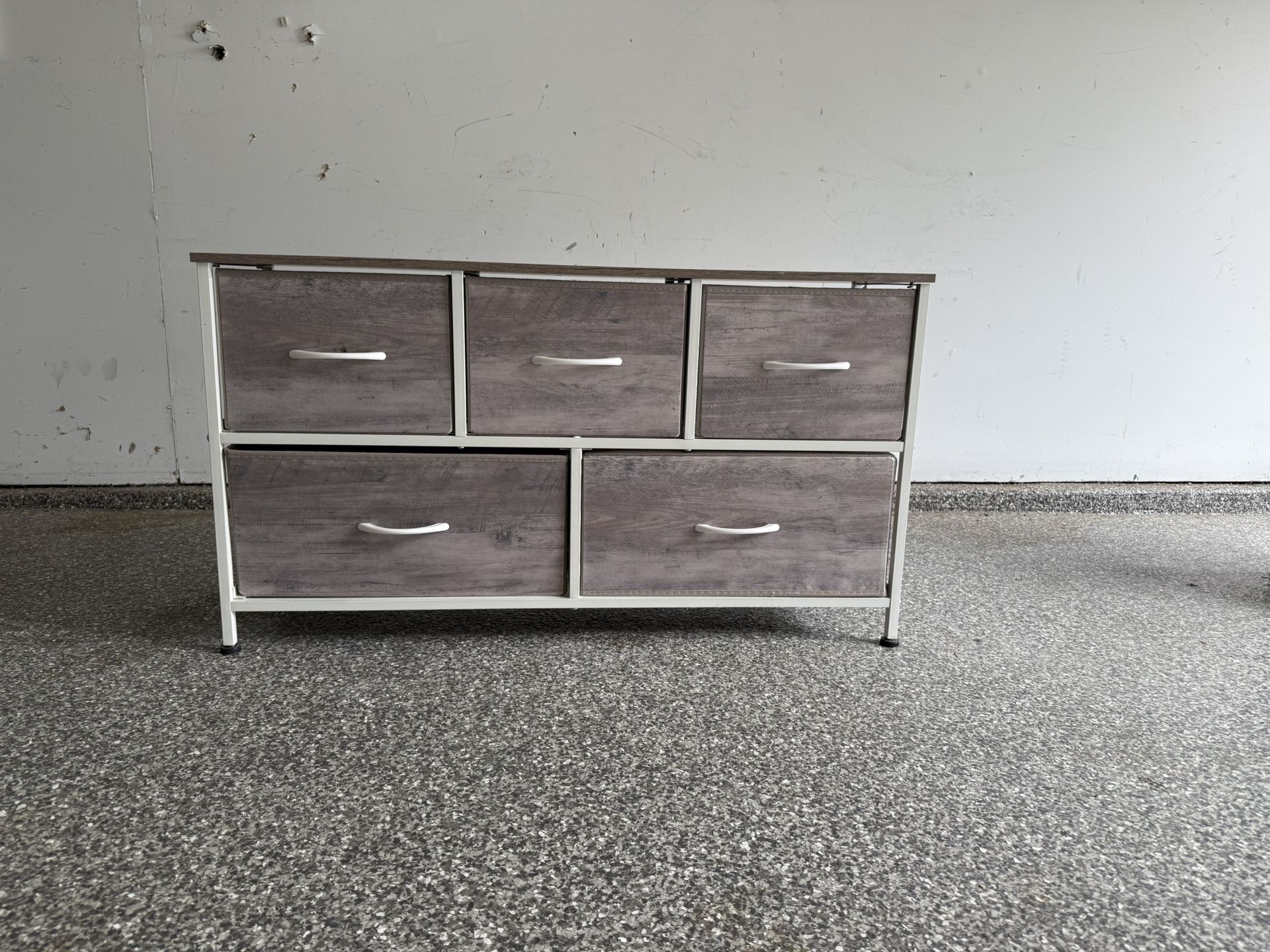 5-Drawer Fabric Dresser Organizer – Rustic Wood Top, Metal Frame