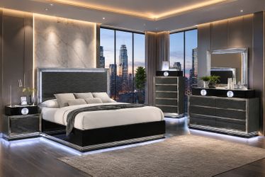 Charcoal Gray Black Queen Eastern King Bed Frame Cama Recamara LED Headboard Bedroom Venta Furniture Sale Muebles