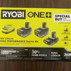 RYOBI ONE+ 18V Lithium-Ion HIGH PERFORMANCE Starter Kit with 2.0 Ah Battery, (2) 4.0 Ah Batteries, and Charger