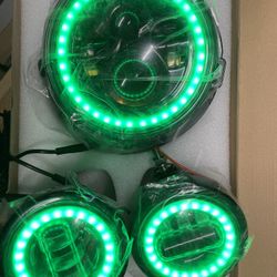 Black Housing Headlight And Passing Lights Set With Drl Halo RGB Colors 