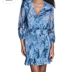 Brand new BCBG Women's Long Sleeve V Neck Chiffon Ruffle Hem Mini blue Dress Sz 4,8,12
