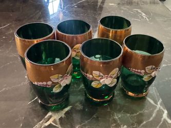 Set of 6 Green Glass Tumblers with Gold and Floral Detail
