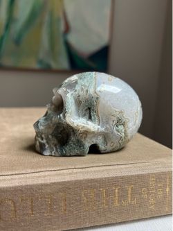 Moss Agate Skull Carving ( firm on price )