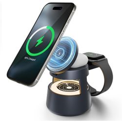 4-in-1 Wireless Charging Station: 15W Magnetic Fast Charger Stand for iPhone 17-12 Pro Max & Apple Watch Ultra Series & AirPods with Mushroom Light - 