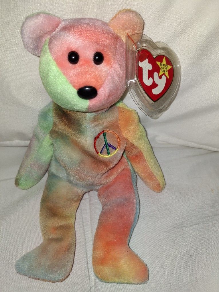 Error Ty PEACE Bear; 1996- No Red Stamp, Korea-KR, All Tags Have Errors, Unique Dye Streaks