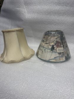 2 Lamp Shades Lot - Vintage Scalloped Ivory Shade + Winter Scene Shade (Homestead Shoppe 1992)