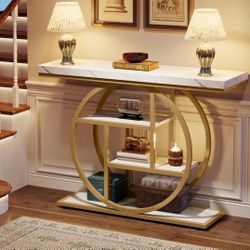 41.3" Console Table, Industrial 4-Tier Sofa Entryway Table with Circle Base, Narrow Wood Accent Tables with Storage Shelves for Living Room, Hallway, 