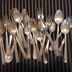 28 antique silver plate silver wear. serving plate. pitcher and more