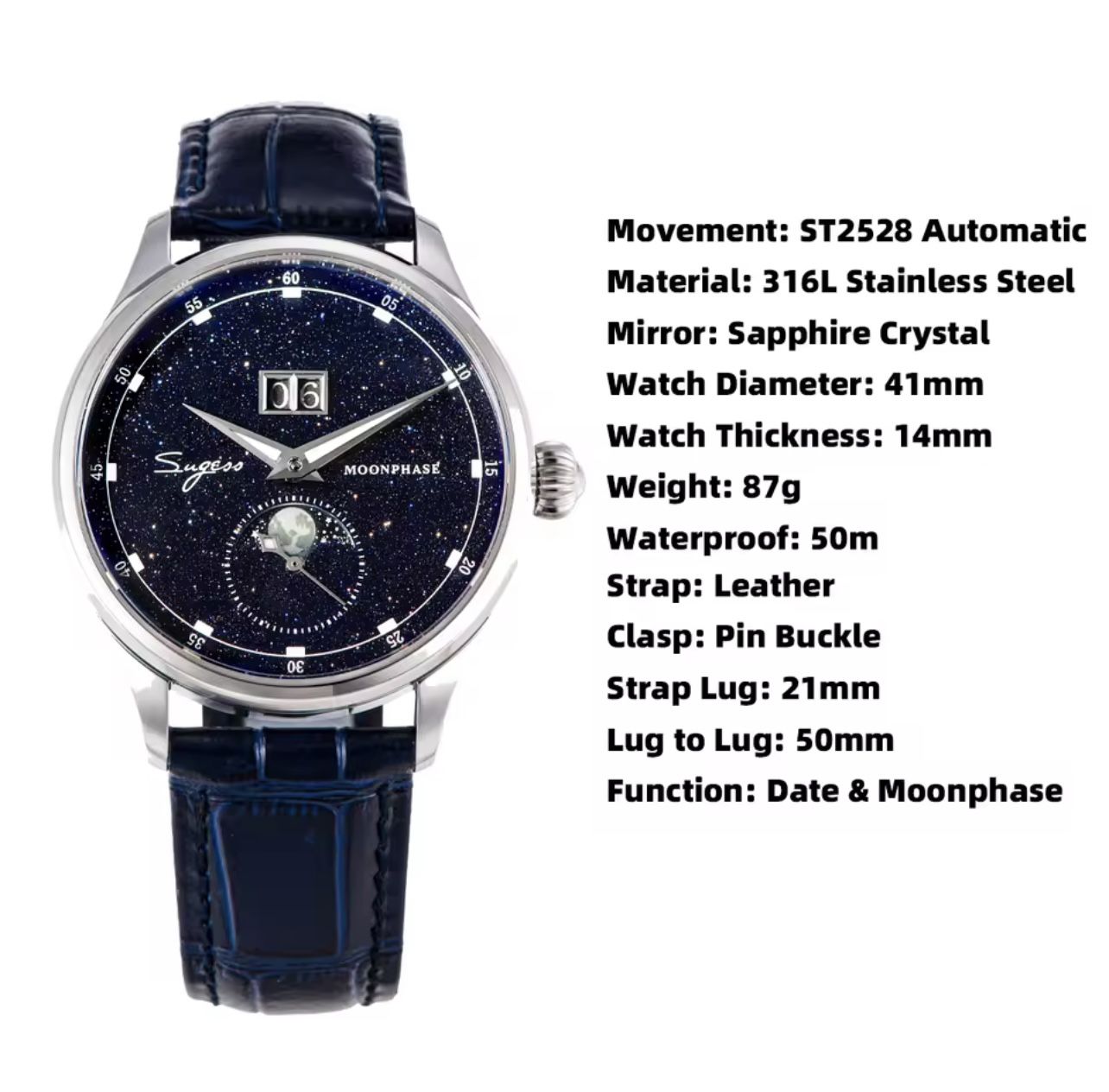 Sugess Moonphase Master Stardust 41 mm ST2528 Movement Mechanical 